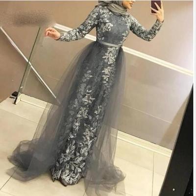 Gray muslim evening dress long sleeve lace detachable train scarf islamic dubai kaftan saudi arabic prom dress vestidos de festa