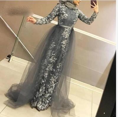 Gray Muslim Evening Dress Long Sleeve Lace Detachable Train Scarf Islamic Dubai Kaftan Saudi Arabic Prom Dress vestidos de festa