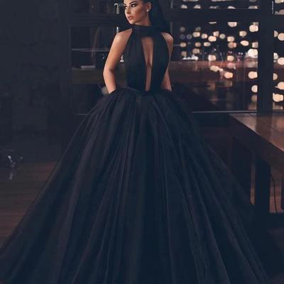 Black backless tulle floor length prom gowns high neck long formal homecoming graduation dresses vestidos de gala puffy prom dresses