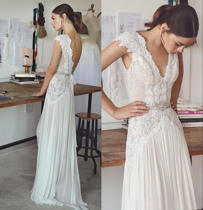 Cap Sleeves A-line Long Chiffon Beach Wedding Dress Open Back Lace Bridal Gowns,376