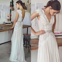 Cap Sleeves A-line Long Chiffon Beach Wedding Dress Open Back Lace Bridal Gowns,376 - Thumbnail 1