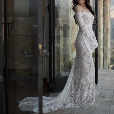 Stunning mermaid bohemian garden wedding dresses sheer crew neck delicate lace long sleeve bridal gowns,382 - Thumbnail 5