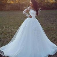 Vintage White Wedding Dresses With Long Sleeve Jewel A Line Chapel Train Tulle Wedding Gowns Bridal Dresses,385 - Thumbnail 1