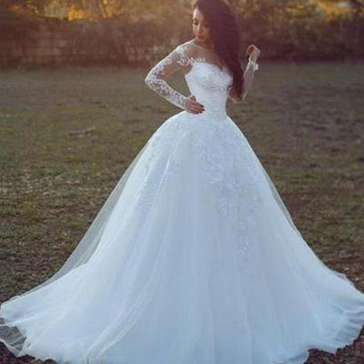 Vintage white wedding dresses with long sleeve jewel a line chapel train tulle wedding gowns bridal dresses,385 - Thumbnail 5