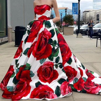 Floral red prom dress beautiful cheap long prom dress,satin evening dress,party dresses,386