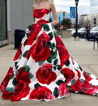 Floral Red Prom Dress Beautiful Cheap Long Prom Dress,Satin Evening Dress,Party Dresses,386