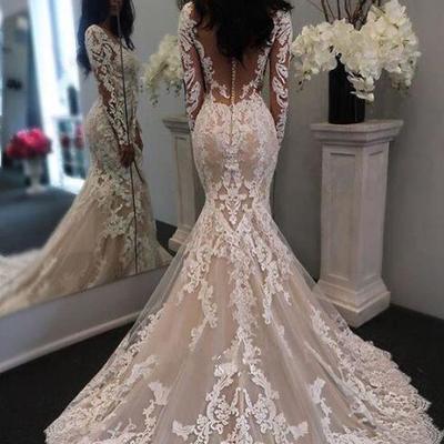 New illusion long sleeves lace mermaid wedding dresses tulle applique court wedding bridal gowns with buttons,388 - Thumbnail 4