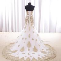 Mermaid White And Gold Wedding Dress Cheap Real Photos Sweetheart Chapel Train Applique Lace Bridal Dress For Women Girls New,389 - Thumbnail 1