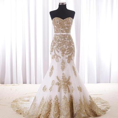 Mermaid white and gold wedding dress cheap real photos sweetheart chapel train applique lace bridal dress for women girls new,389 - Thumbnail 4