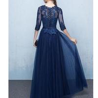 Elegant Navy Blue Mother of the Bride Dresses Half Sleeves Sheer with Applique Lace-up Back Floor Length Mother's Gowns Cheap,391 - Thumbnail 1