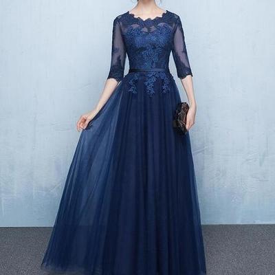 Elegant navy blue mother of the bride dresses half sleeves sheer with applique lace-up back floor length mother's gowns cheap,391