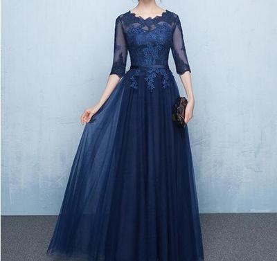 Elegant Navy Blue Mother of the Bride Dresses Half Sleeves Sheer with Applique Lace-up Back Floor Length Mother's Gowns Cheap,391