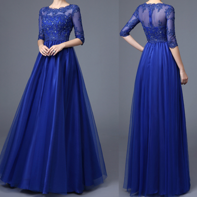 Half sleeves royal blue lace evening prom dresses,high neck empire waist long prom dresses,custom made mother of the bride dress evening gowns,393