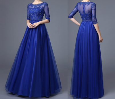 Half Sleeves Royal Blue Lace Evening Prom Dresses,High Neck Empire Waist Long Prom Dresses,Custom Made Mother of the Bride Dress Evening Gowns,393