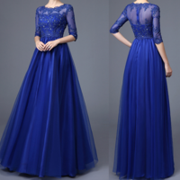 Half Sleeves Royal Blue Lace Evening Prom Dresses,High Neck Empire Waist Long Prom Dresses,Custom Made Mother of the Bride Dress Evening Gowns,393 - Thumbnail 1