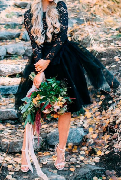 Vintage Black Mini Short Wedding Dresses Sheer Long Sleeve Lace Bridal Gowns,394