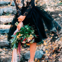 Vintage Black Mini Short Wedding Dresses Sheer Long Sleeve Lace Bridal Gowns,394 - Thumbnail 1