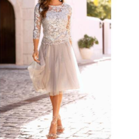 Newest Short Mother Of The Bride Dresses Lace Tulle Knee Length 3/4 Long Sleeves Mother Bride Dresses Short Two Pieces Prom Dresses,397 - Thumbnail 1