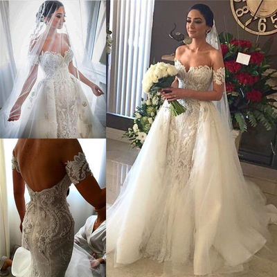 Off shoulder lace mermaid wedding dresses remove train bridal gowns custom made,,399 - Thumbnail 4