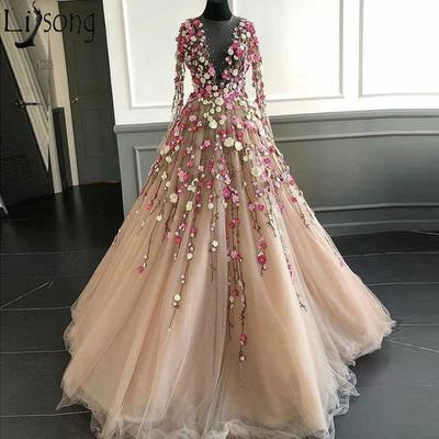 3d flowers prom dresses sheer deep v neck long sleeve evening gowns hand made flower appliques party dress