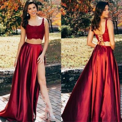 Two pieces prom dresses long lace top scoop backless high split formal evening party gowns vestido de noche custom