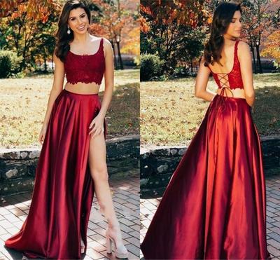 Two Pieces Prom Dresses Long Lace Top Scoop Backless High Split Formal Evening Party Gowns vestido de noche Custom