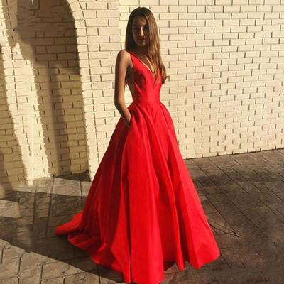 Red Satin Ball Gown Formal Prom Dresses backless Illusion V-neck Back Party Evening Dress with Pockets vestido