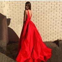 Red Satin Ball Gown Formal Prom Dresses backless Illusion V-neck Back Party Evening Dress with Pockets vestido - Thumbnail 1