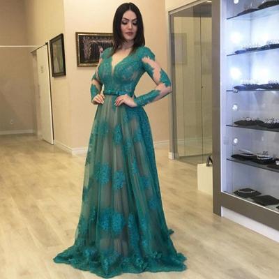 V neck evening dresses prom tulle appliques bow long sleeves arabic prom vestidos de fiesta de noche robe de soiree plus