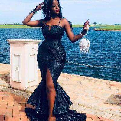 Dark navy sexy mermaid prom dresses spaghetti side split ruffles sequined long formal evening party gowns vestidos de noche plus size