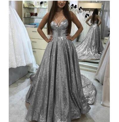  Ball Gown Long Sequin Prom Dresses Criss Cross Halter Prom Dresses with Court Train Ruffle Hem Rehearsal Dinner Dresses 