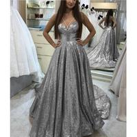  Ball Gown Long Sequin Prom Dresses Criss Cross Halter Prom Dresses with Court Train Ruffle Hem Rehearsal Dinner Dresses  - Thumbnail 1