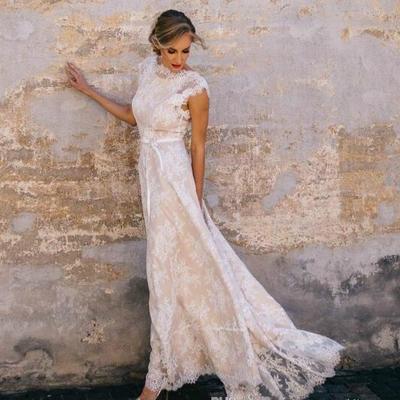 Vintage champagne lace bohemian wedding dress a line cap sleeve soft tulle bow sash wedding bridal gown