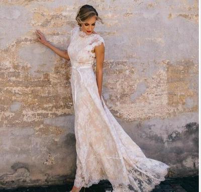 Vintage Champagne Lace Bohemian Wedding Dress A Line Cap Sleeve Soft Tulle Bow Sash Wedding Bridal Gown