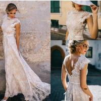 Vintage Champagne Lace Bohemian Wedding Dress A Line Cap Sleeve Soft Tulle Bow Sash Wedding Bridal Gown - Thumbnail 1