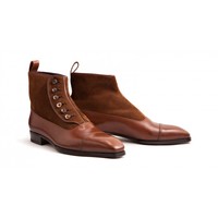 Men's Handmade Brown Ankle High Cap Toe Button Top Leather Suede Boot - Thumbnail 1