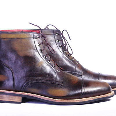 Men's handmade 2 tone ankle high cap toe lace up leather boot - Thumbnail 4