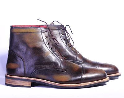 Men's Handmade 2 Tone Ankle High Cap Toe Lace Up Leather Boot