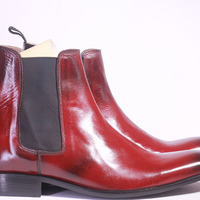 Men's Handmade Burgundy Ankle High Chelsea Leather Boot - Thumbnail 2