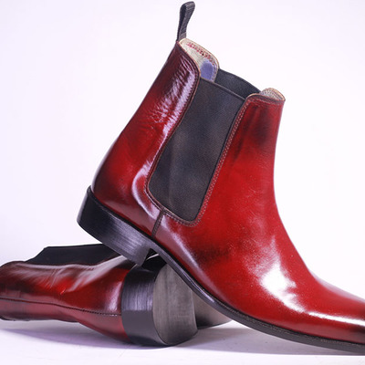 Men's handmade burgundy ankle high chelsea leather boot - Thumbnail 2