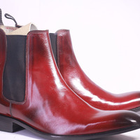 Men's Handmade Burgundy Ankle High Chelsea Leather Boot - Thumbnail 3