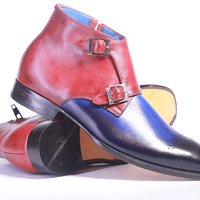 Handmade Blue & Burgundy Leather Double Monk Shoes For Men's - Thumbnail 1