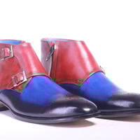 Handmade Blue & Burgundy Leather Double Monk Shoes For Men's - Thumbnail 2