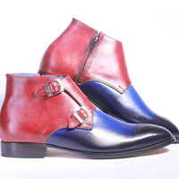 Handmade Blue & Burgundy Leather Double Monk Shoes For Men's - Thumbnail 3