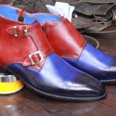 Handmade blue & burgundy leather double monk shoes for men's - Thumbnail 2