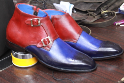 Handmade Blue & Burgundy Leather Double Monk Shoes For Men's