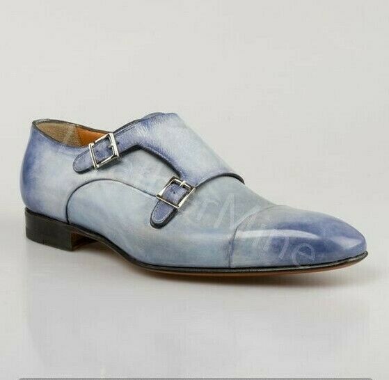 Handmade men's blue patina toe cap double monk shoes leather monk strap shoes