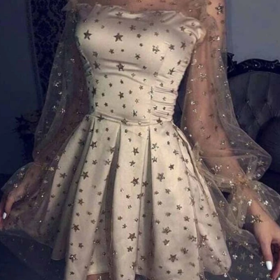 Cute tulle star short homecoming dresses ,long sleeve knee short prom dresses - Thumbnail 3