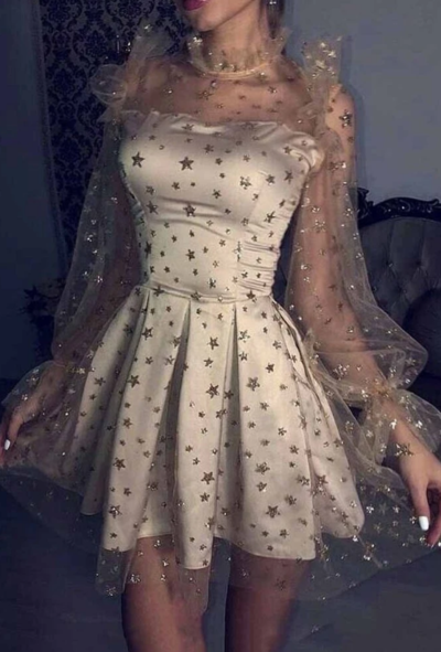 Cute Tulle Star Short Homecoming Dresses ,Long Sleeve Knee Short Prom Dresses