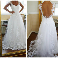 A-line Lace Low Back Chapel Train Wedding Dress,lace wedding dresses,405 - Thumbnail 2